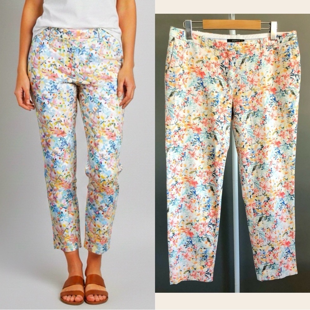 ESPRIT Floral Colorful Casual Medium Rise Multicolor Pencil Capri Trousers Pants